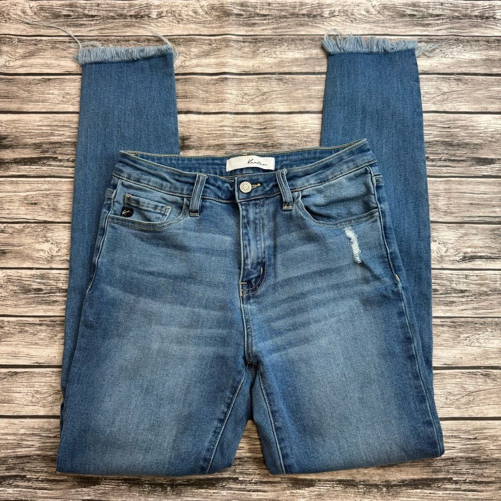 Kancan Distressed Skinny Jeans Medium Wash Frayed Hem Size 5/26 Women